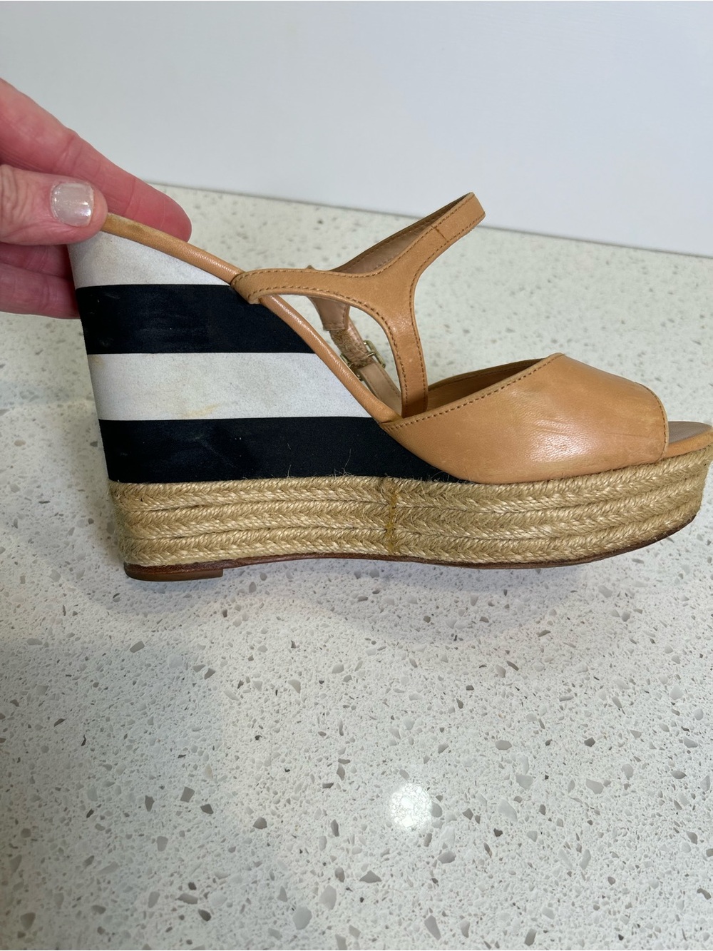 kate spade Tan‎ Espadrille Black & White Stripe Wedge Sandals 8 1/2 - Picture 5 of 9